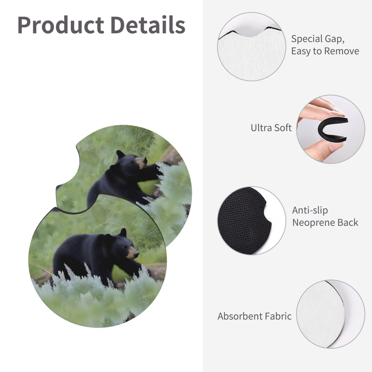 Black Bear Rubber Car Coasters Set of 2 V187