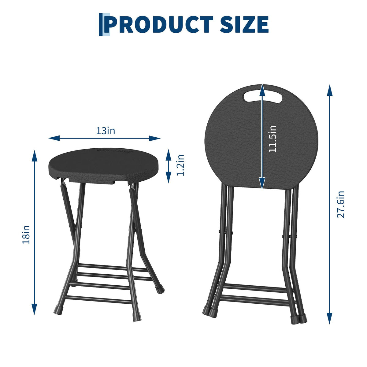 Folding Stool, Backless 18-Inch, Portable with Handle, Anti-Slip Feet, 600Lbs Capacity, Black E392