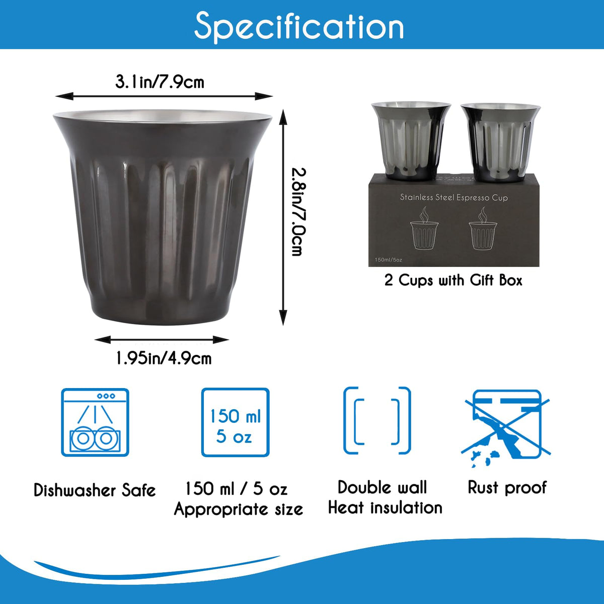 French Press 12 oz, Stainless Steel Double-Wall Espresso Cups 5 oz Set of 2 Y50552