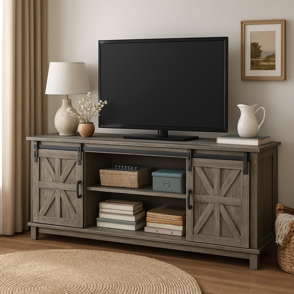 Farmhouse TV Stand Cabinet for 75" Television with Adjustable Shelf & Sliding Barn Doors L171