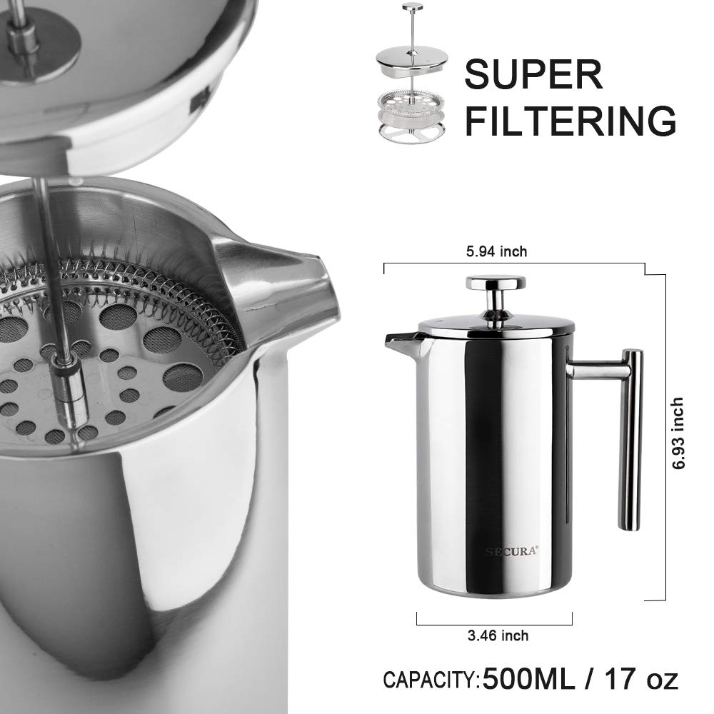 French Press Coffee Maker 304 Grade Stainless Steel Insulated 17oz Y197