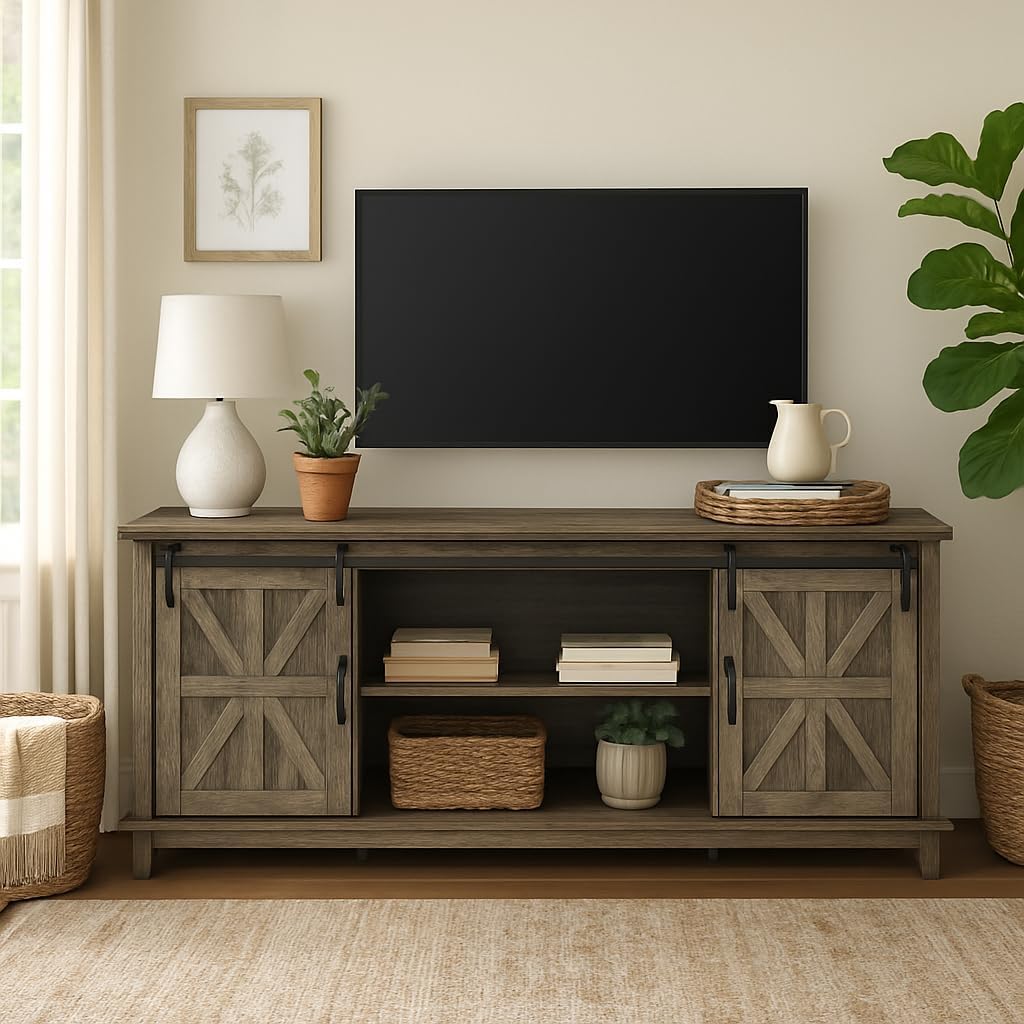 Farmhouse TV Stand Cabinet for 75" Television with Adjustable Shelf & Sliding Barn Doors L171