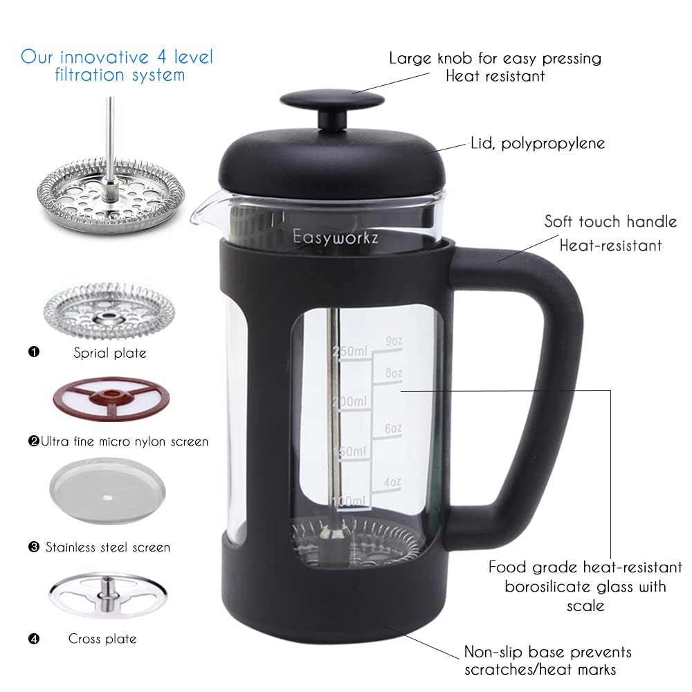 French Press 12 oz, Stainless Steel Double-Wall Espresso Cups 5 oz Set of 2 Y50552