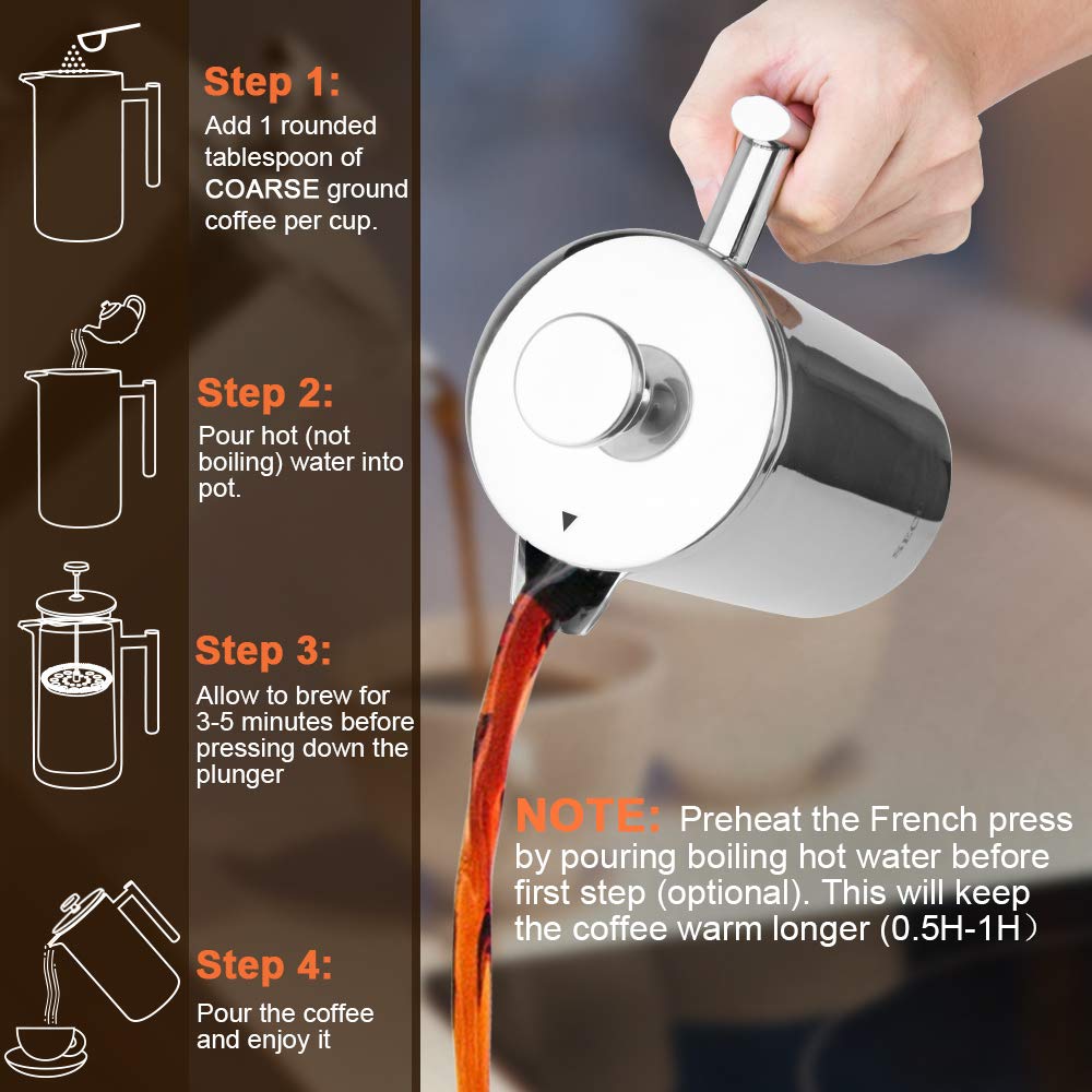 French Press Coffee Maker 304 Grade Stainless Steel Insulated 17oz Y197