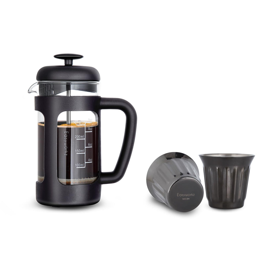 French Press 12 oz, Stainless Steel Double-Wall Espresso Cups 5 oz Set of 2 Y50552