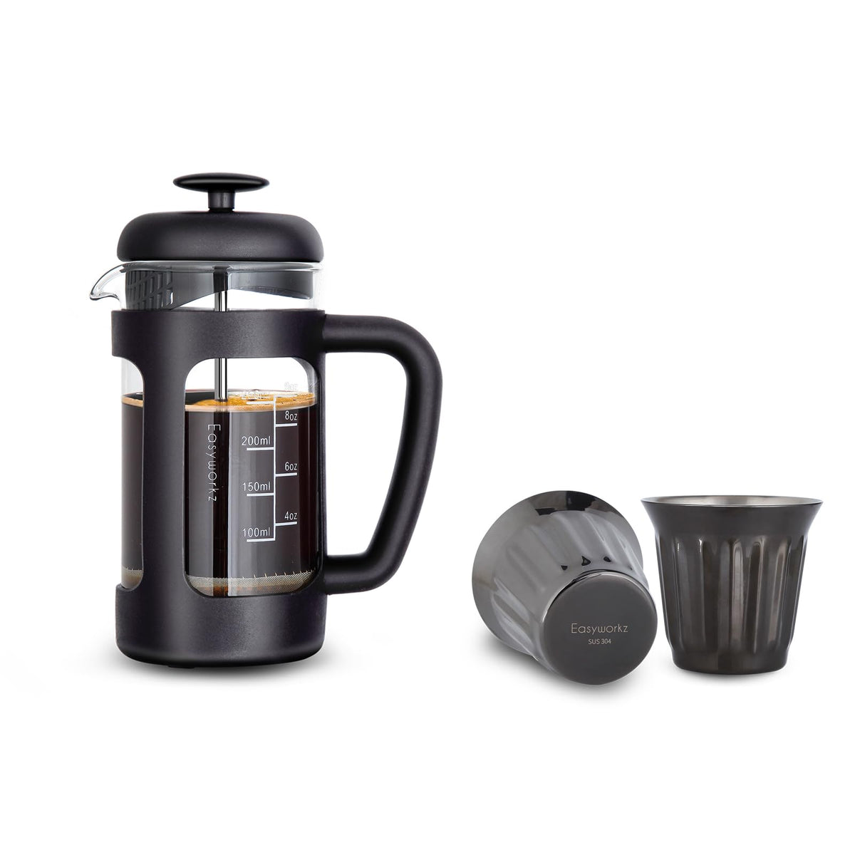 French Press 12 oz, Stainless Steel Double-Wall Espresso Cups 5 oz Set of 2 Y50552