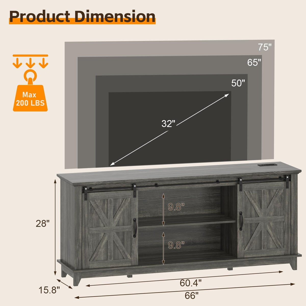 Farmhouse TV Stand Cabinet for 75" Television with Adjustable Shelf & Sliding Barn Doors L171
