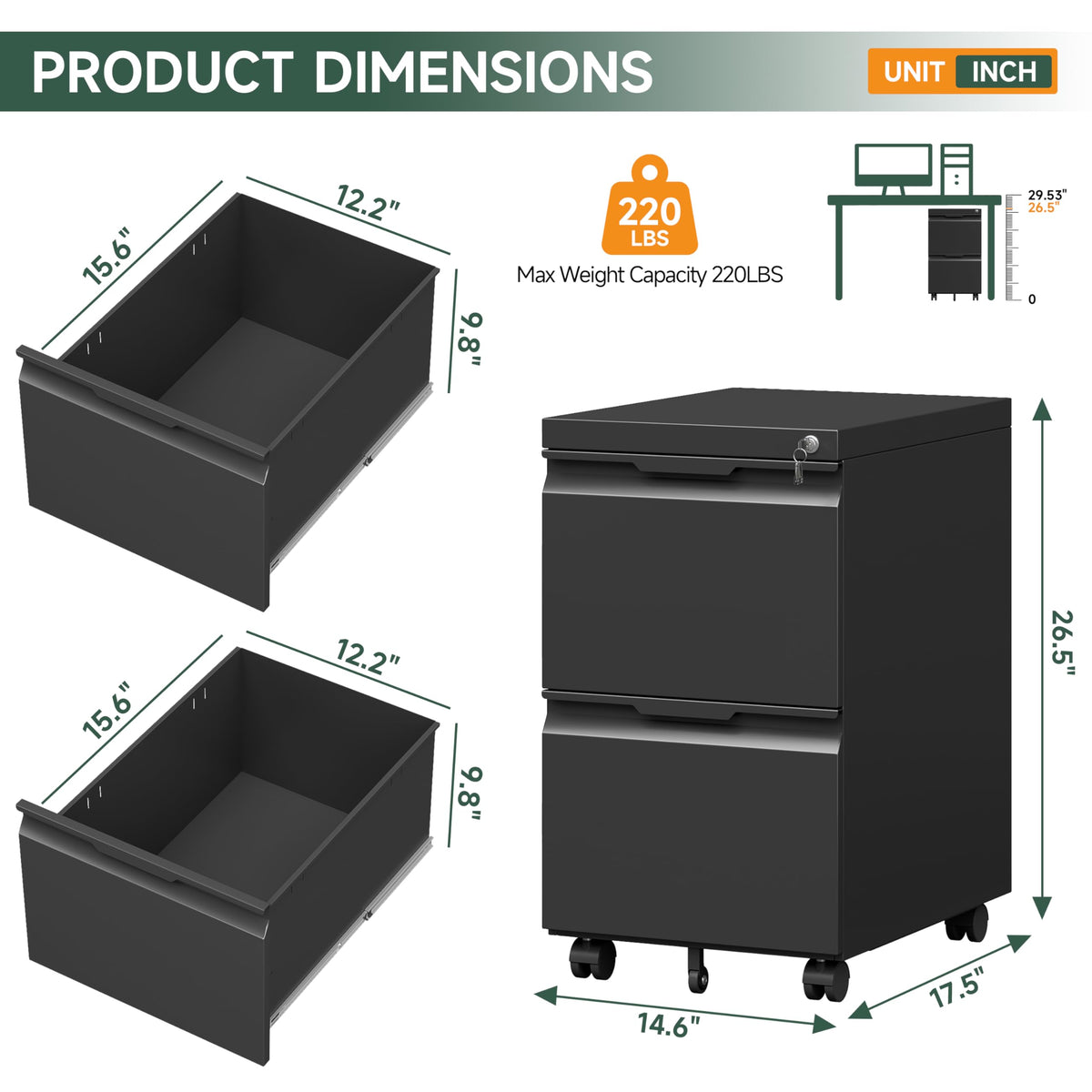 Black 2 Drawer Metal Rolling File Cabinet with Lock B10221
