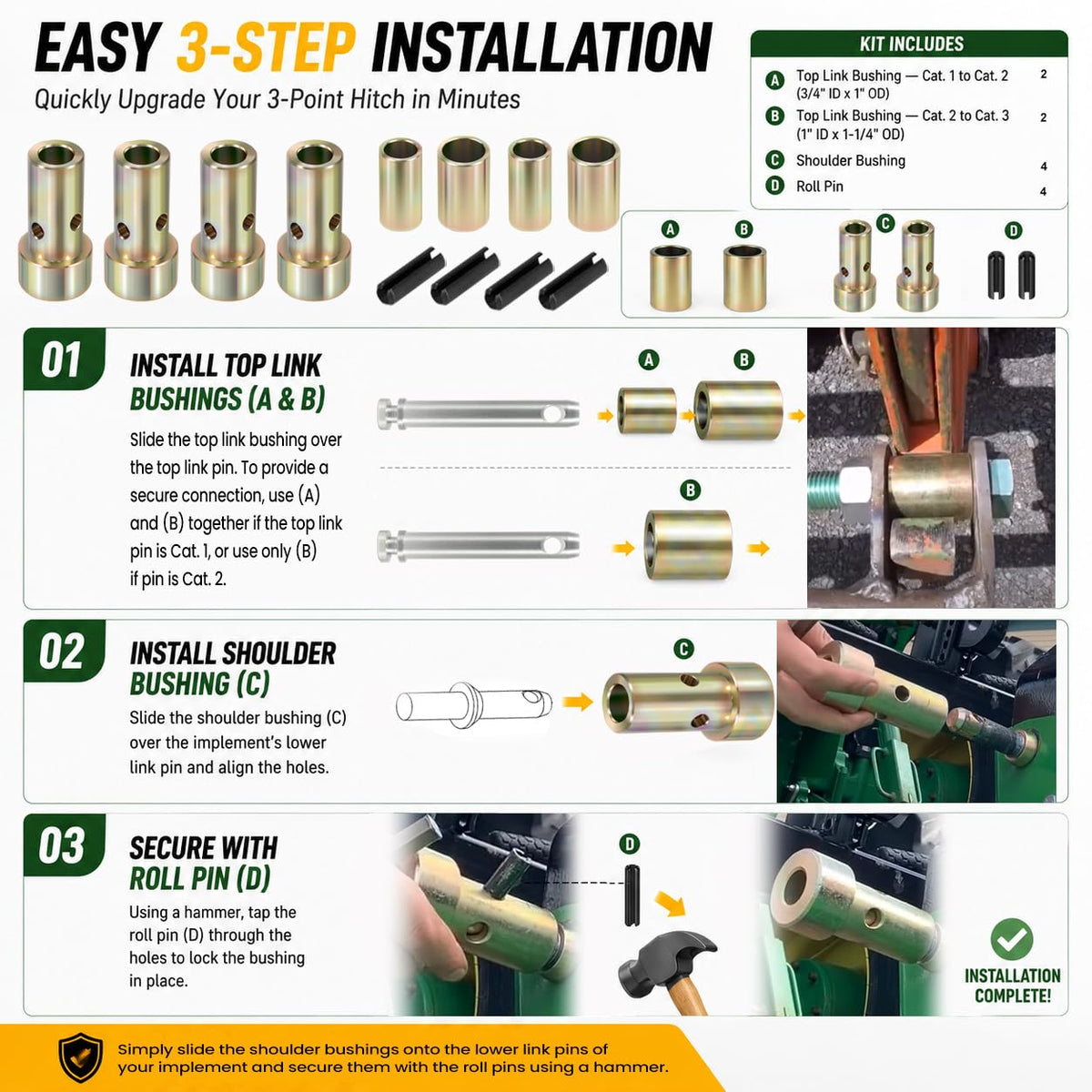 Quick Hitch Bushing Kit for Category 1 3-Point Hitch Tractors C93309