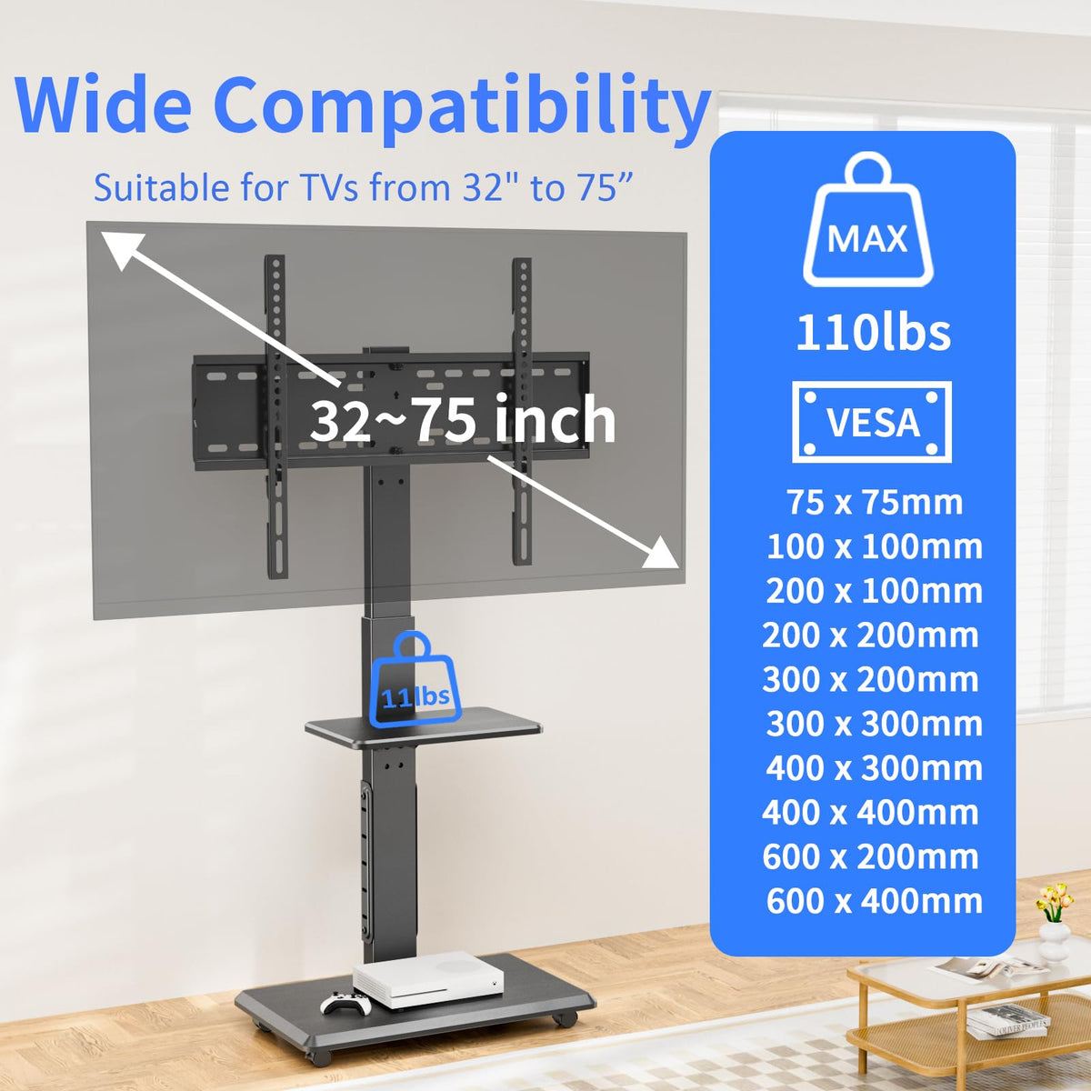 Rolling TV Stand with Power Outlet for 32-75" TV D343