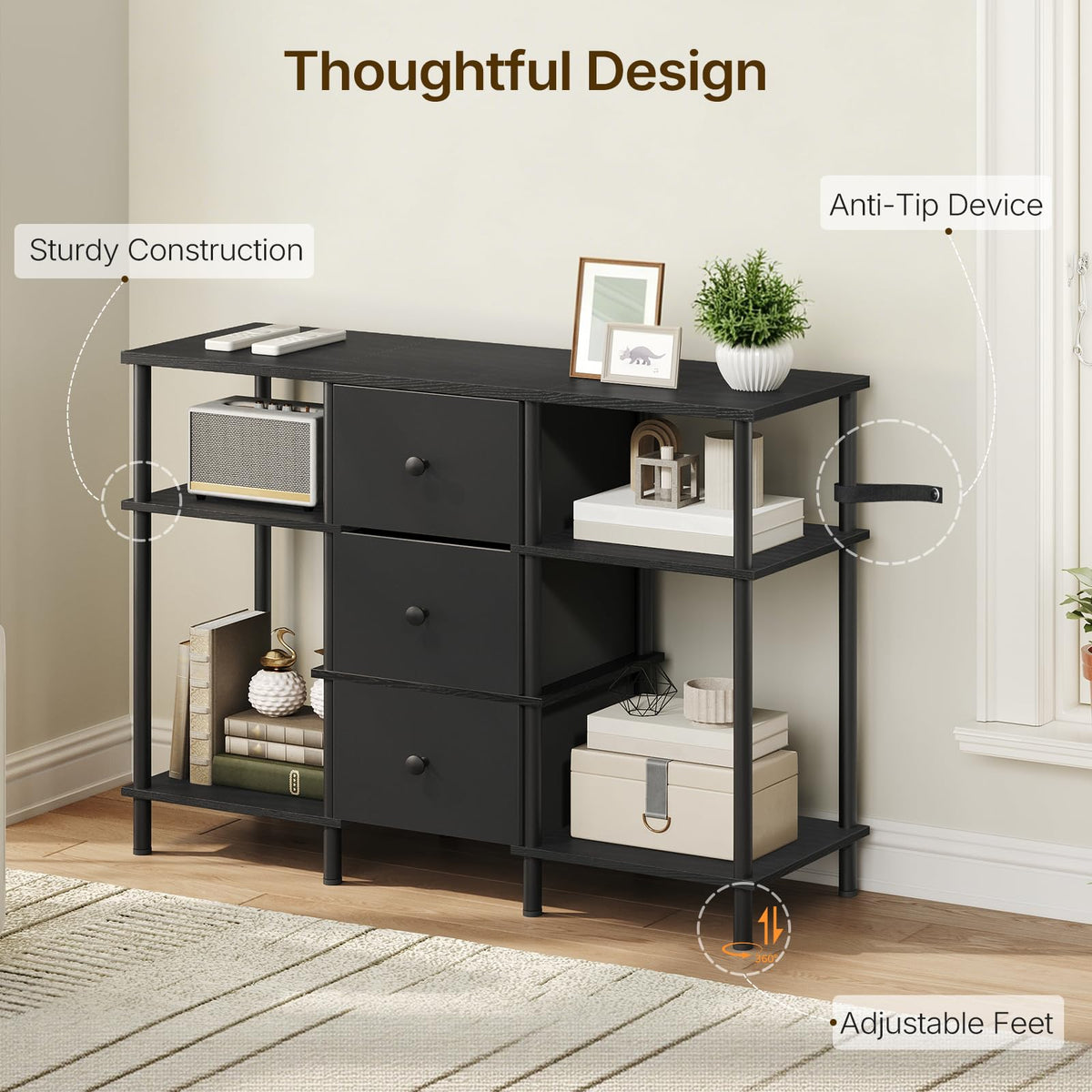 Black 3 Fabric Drawer TV Stand J480