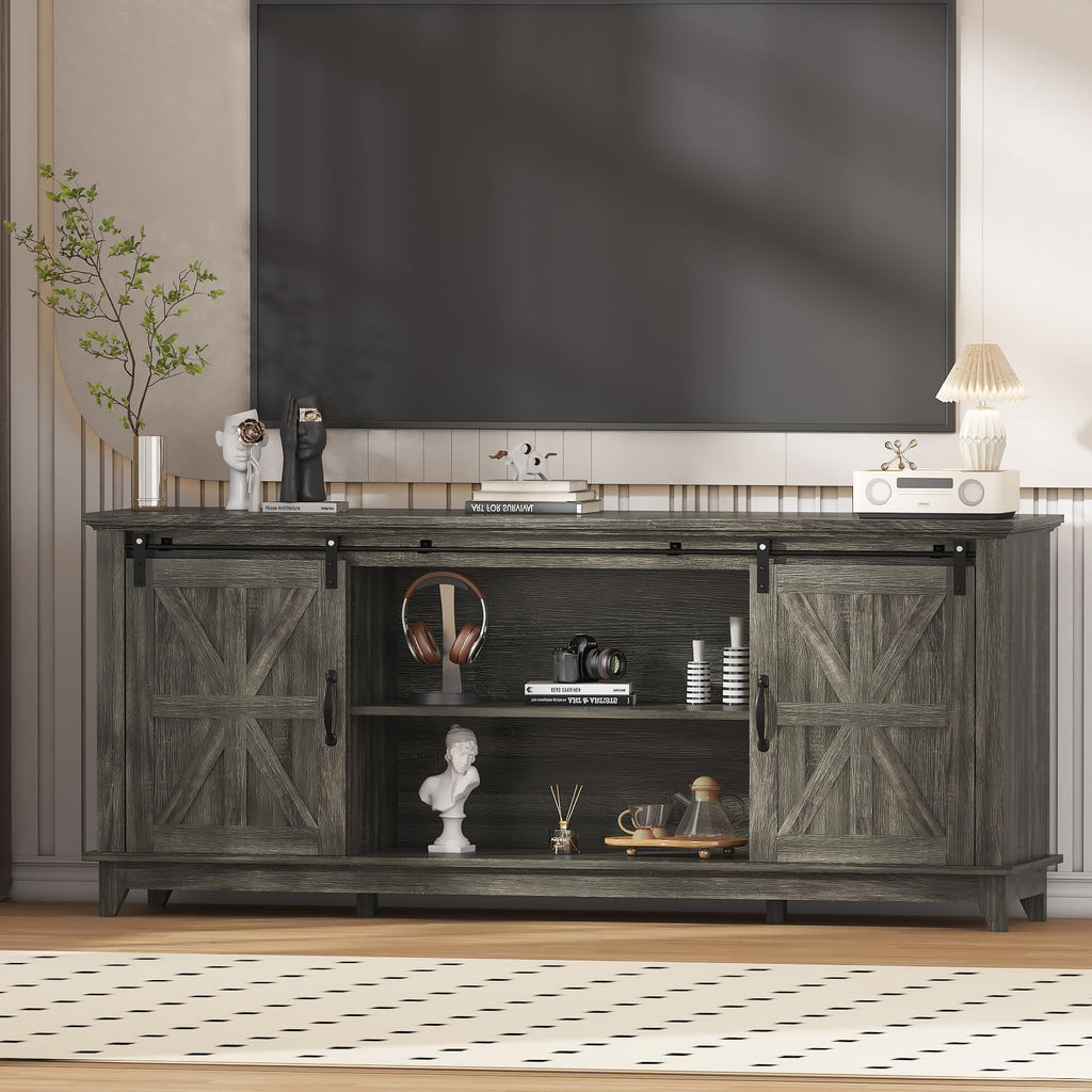 Farmhouse TV Stand Cabinet for 75" Television with Adjustable Shelf & Sliding Barn Doors L171