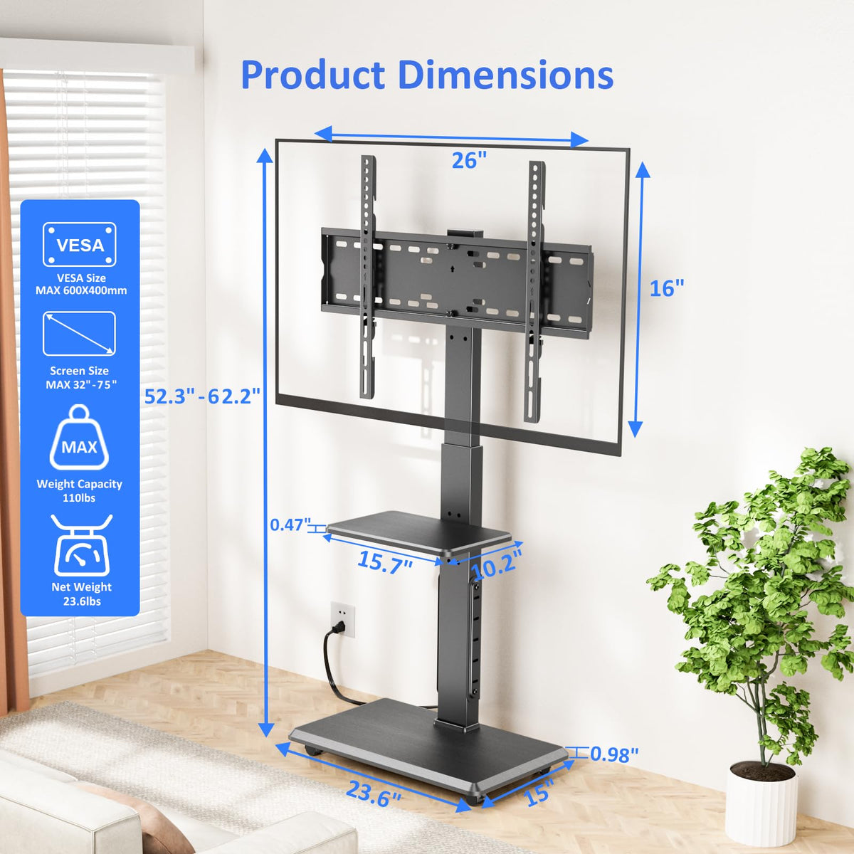 Rolling TV Stand with Power Outlet for 32-75" TV D343