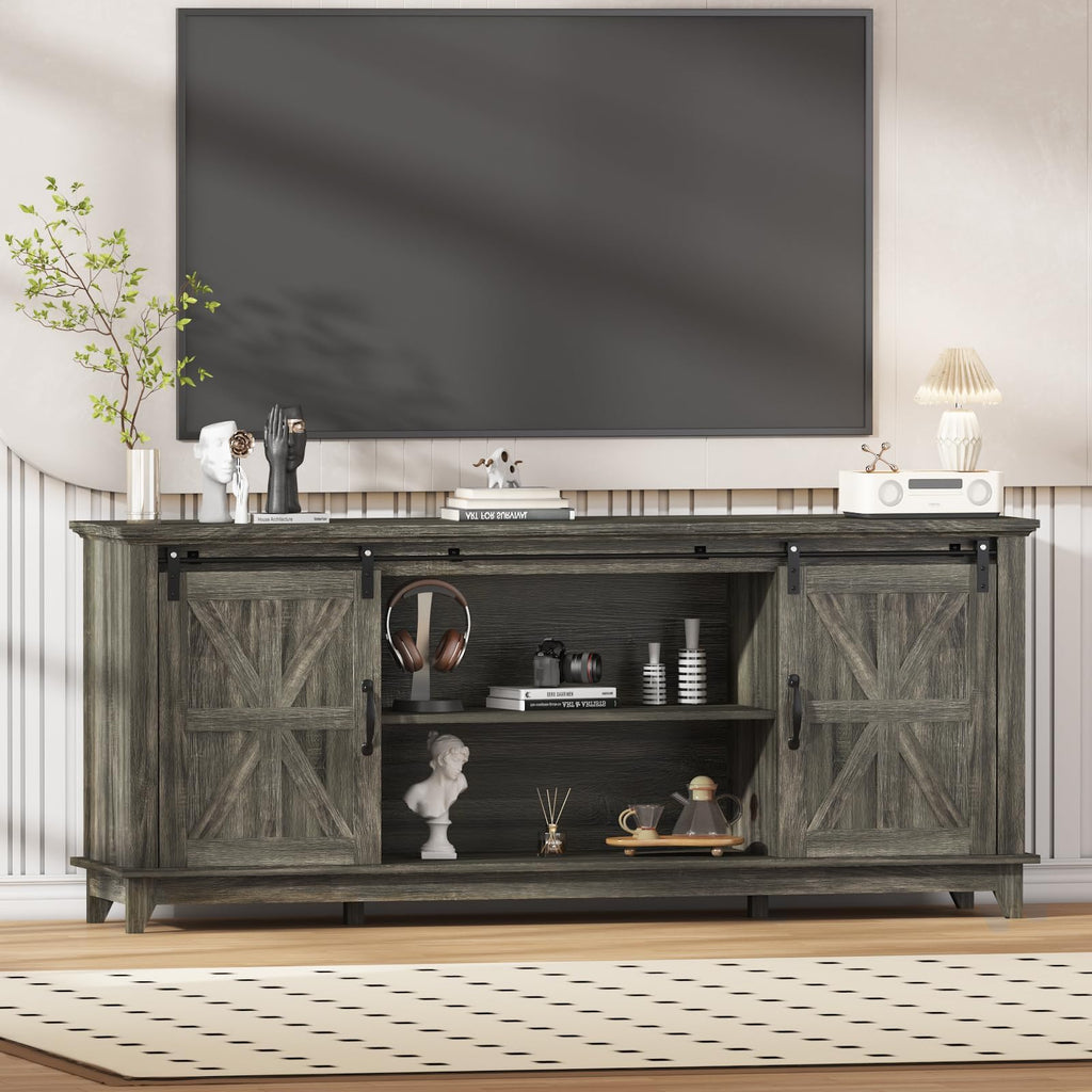 Farmhouse TV Stand Cabinet for 75" Television with Adjustable Shelf & Sliding Barn Doors L171