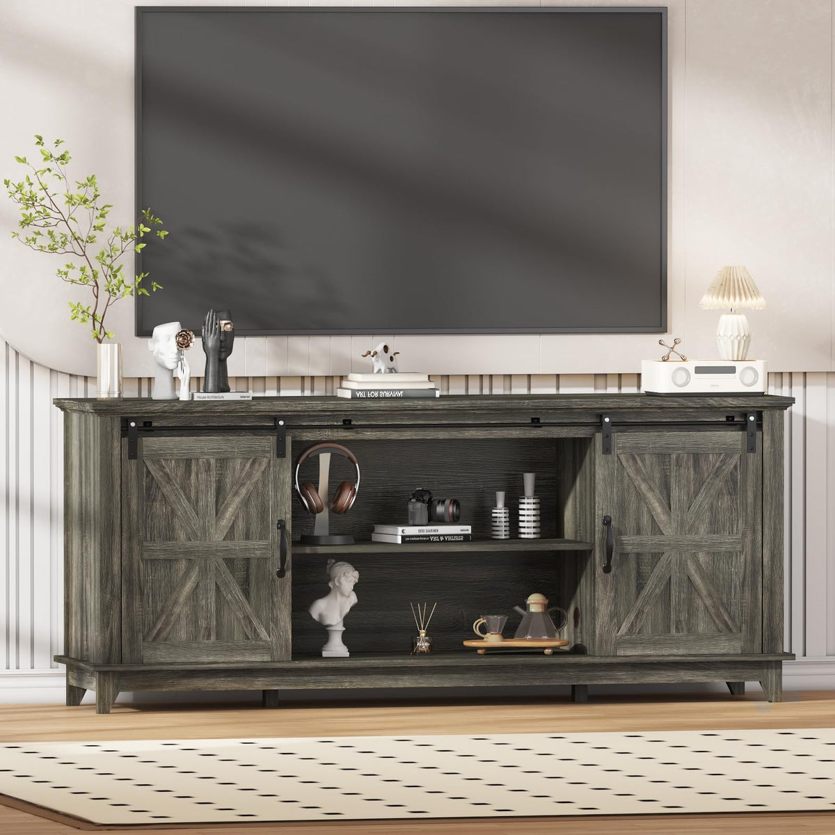 Farmhouse TV Stand Cabinet for 75" Television with Adjustable Shelf & Sliding Barn Doors L171