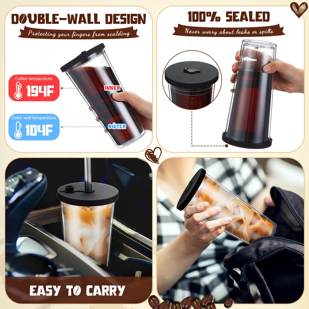2 Pack 24 oz Clear Plastic Insulated Tumblers with Lids and Straws G7847