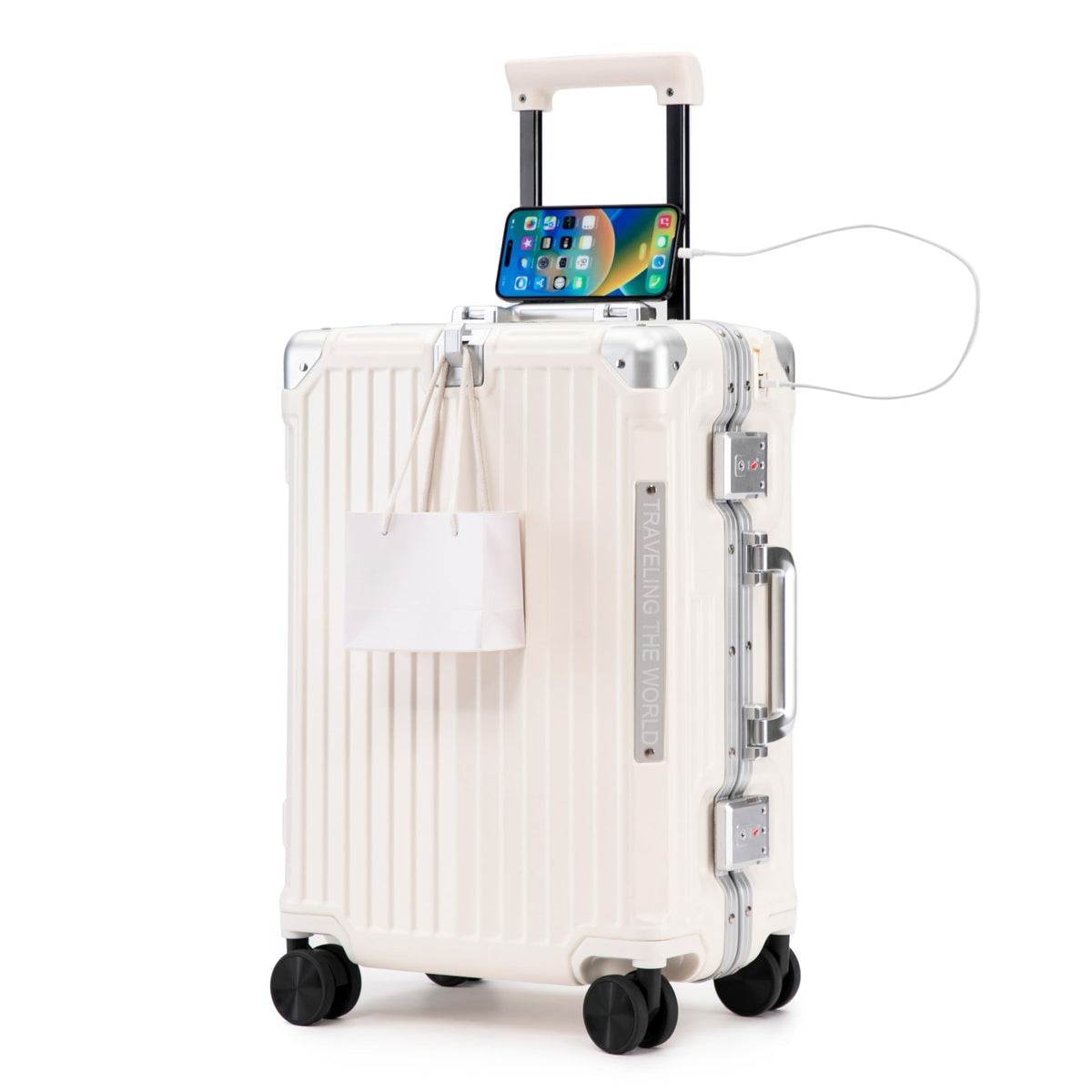 20 Inch White ABS Hardside Spinner Luggage with USB Port H266313