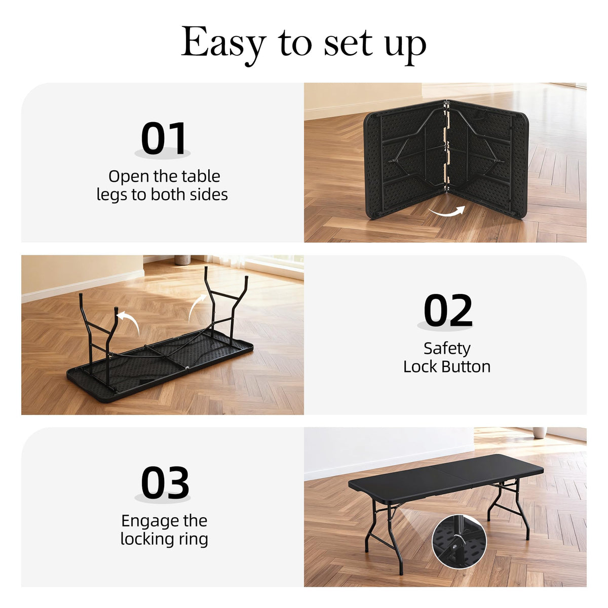 6FT Black Plastic Folding Table with Carrying Handle X1678