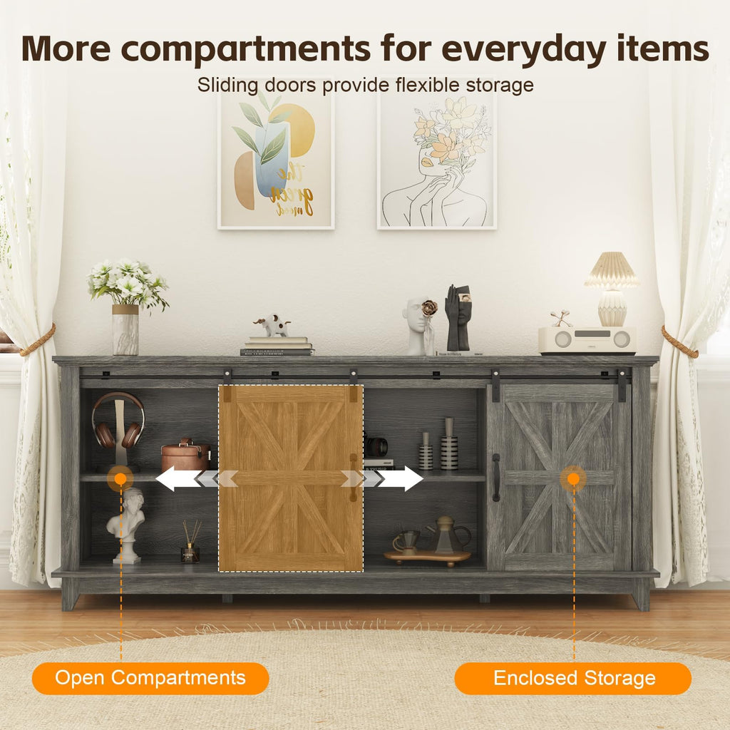 Farmhouse TV Stand Cabinet for 75" Television with Adjustable Shelf & Sliding Barn Doors L171