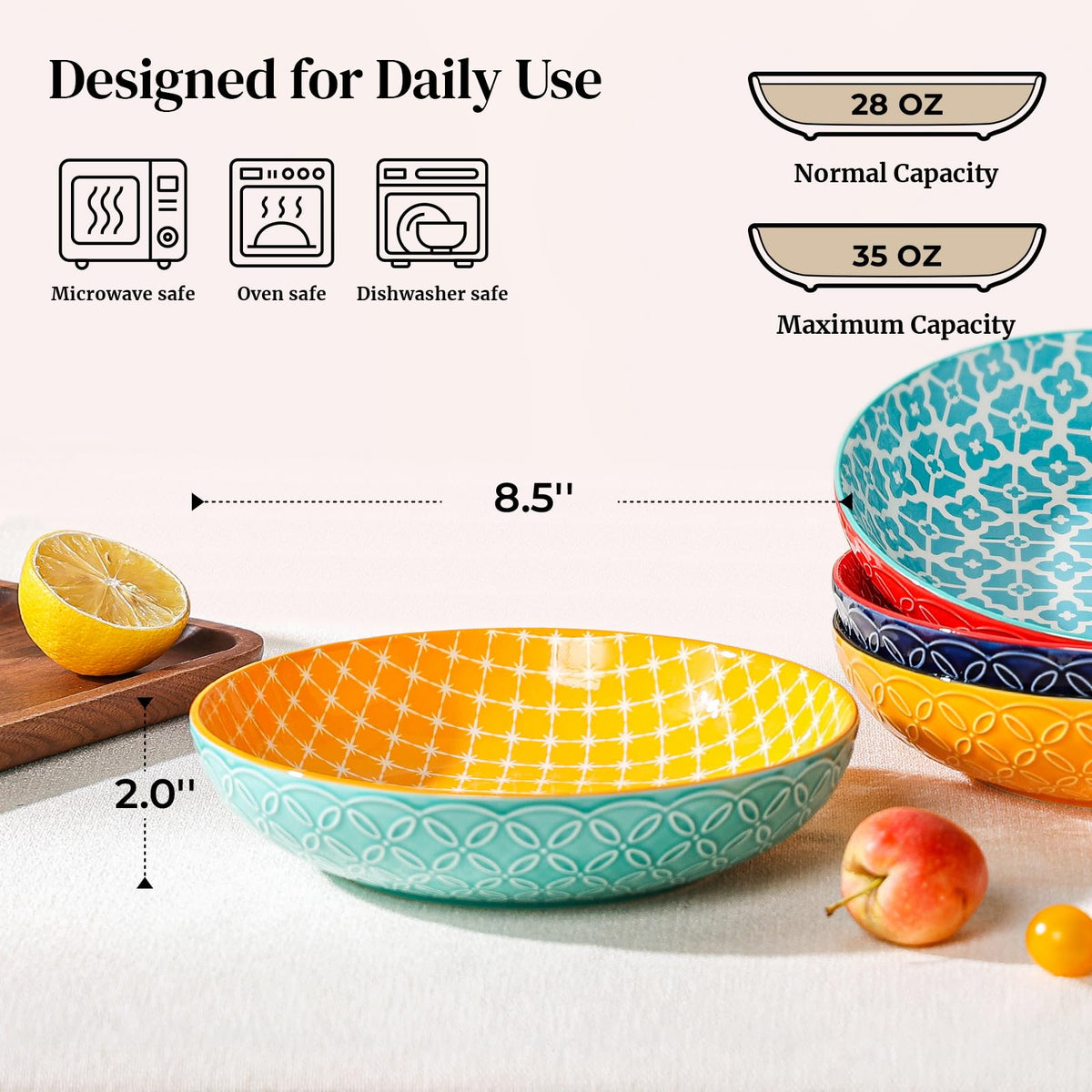 22 oz Cereal Bowls Set of 4 and 8.5" Pasta Bowls Set of 4 T936104