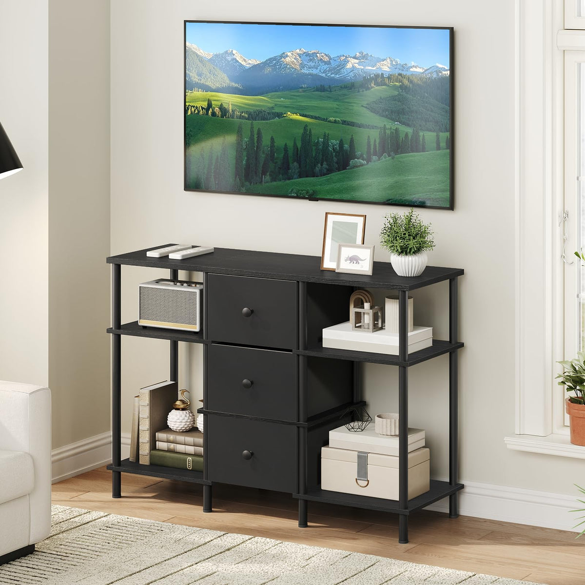Black 3 Fabric Drawer TV Stand J480