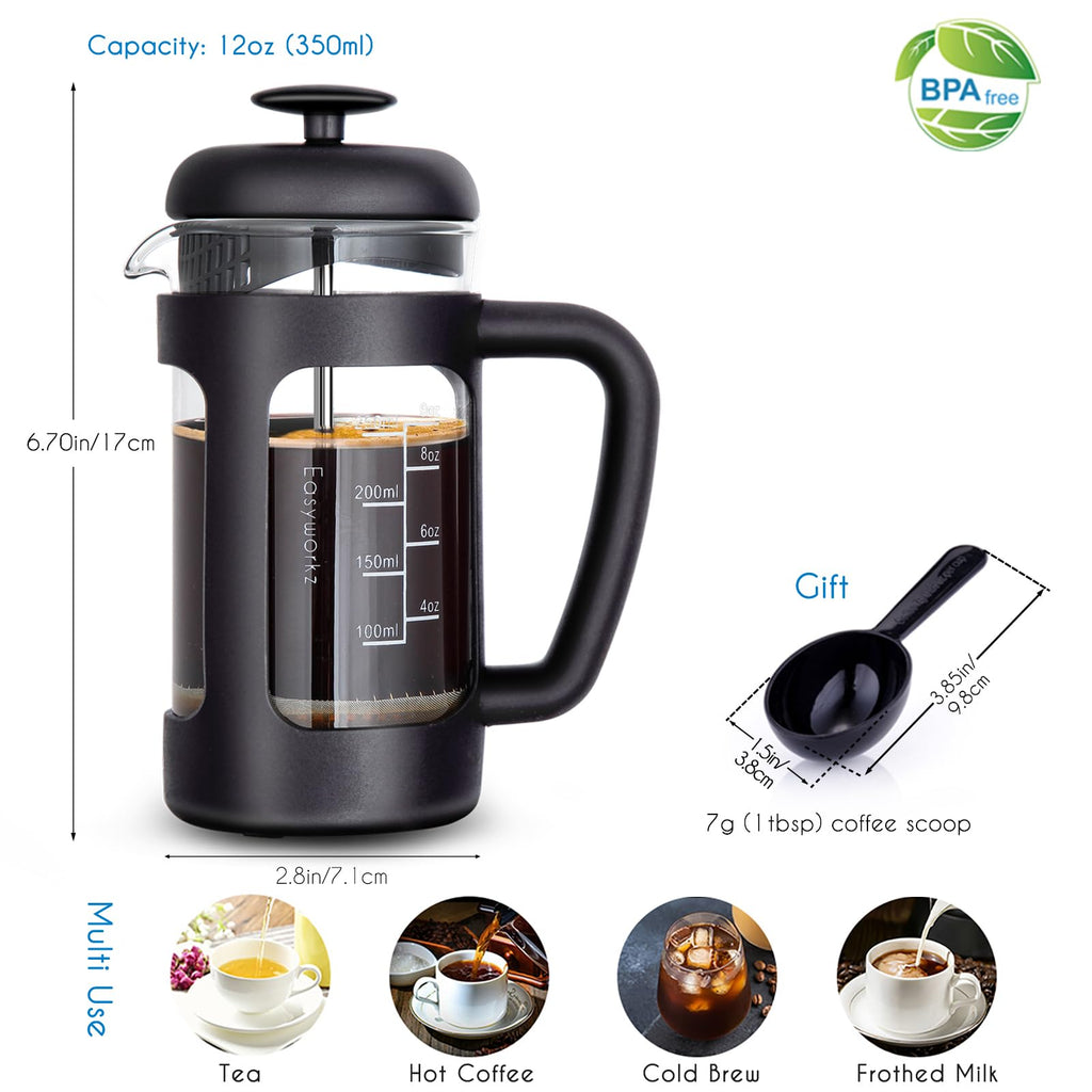 French Press 12 oz, Stainless Steel Double-Wall Espresso Cups 5 oz Set of 2 Y50552