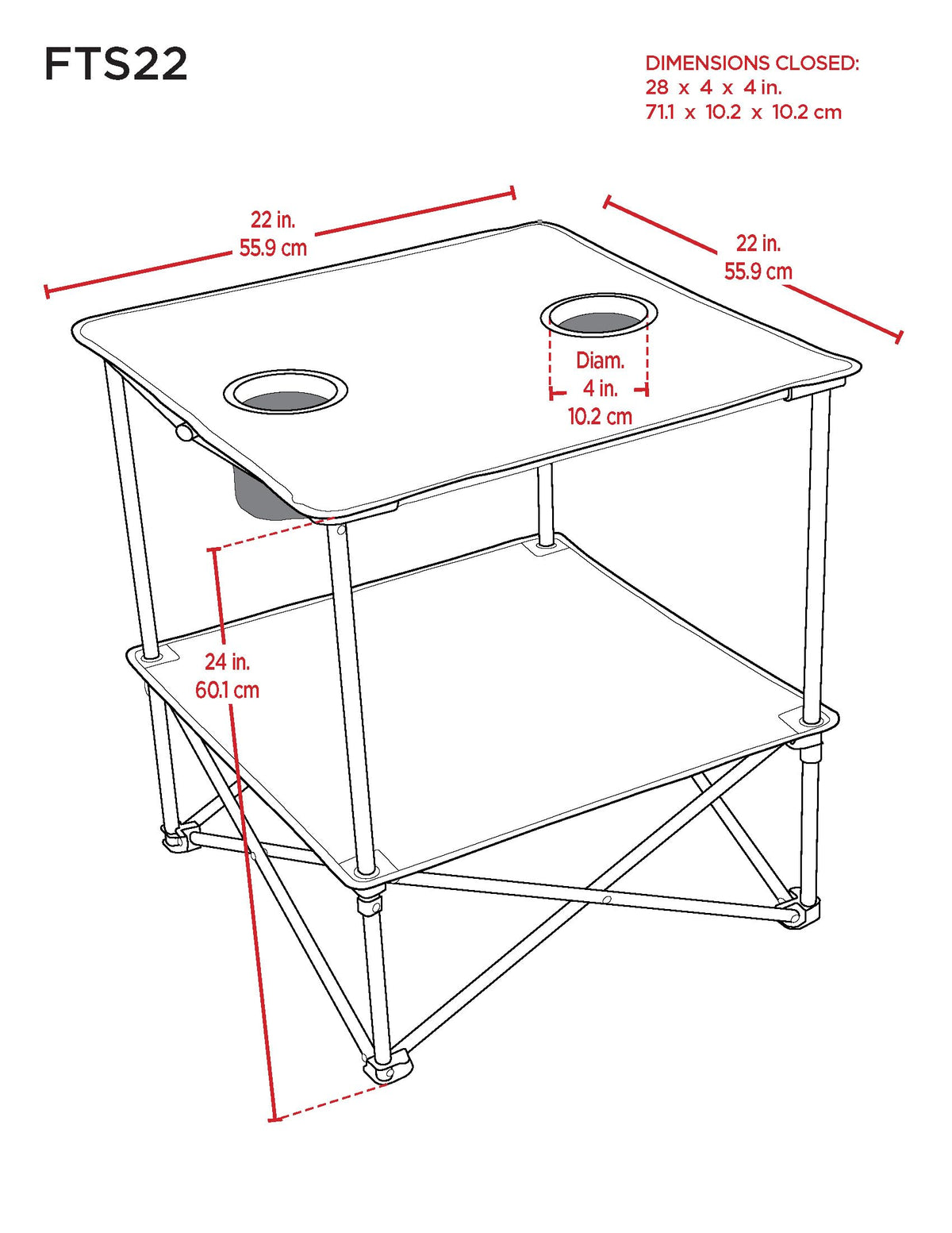22” Square Compact Outdoor Folding Table with Cup Holders and Carry Bag H24466