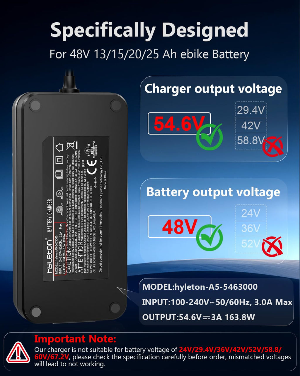54.6V 3A ebike Charger for 48V Lithium Batteries N1897