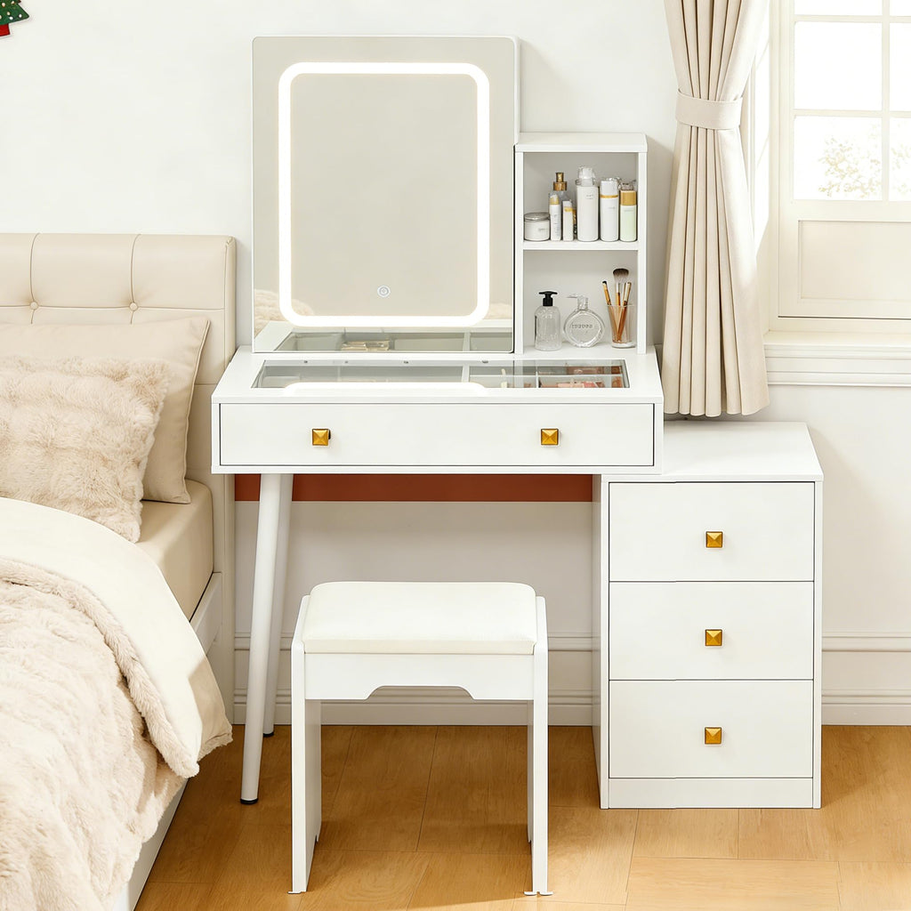 White Vanity Desk with Sliding Mirror and Lights, 4 Drawers, Stool T512279
