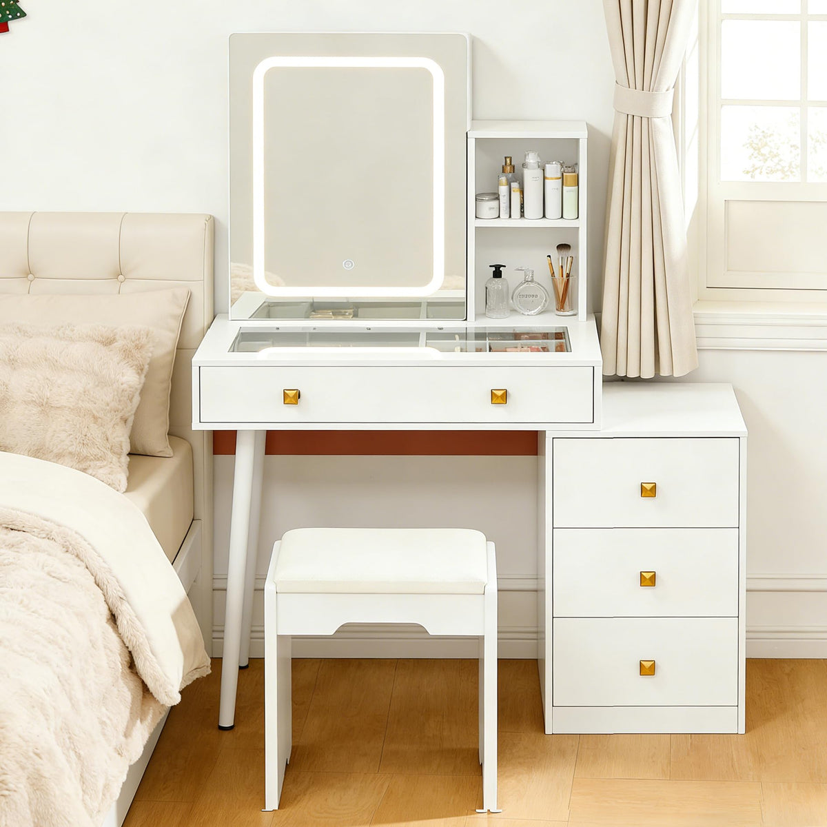 White Vanity Desk with Sliding Mirror and Lights, 4 Drawers, Stool T512279