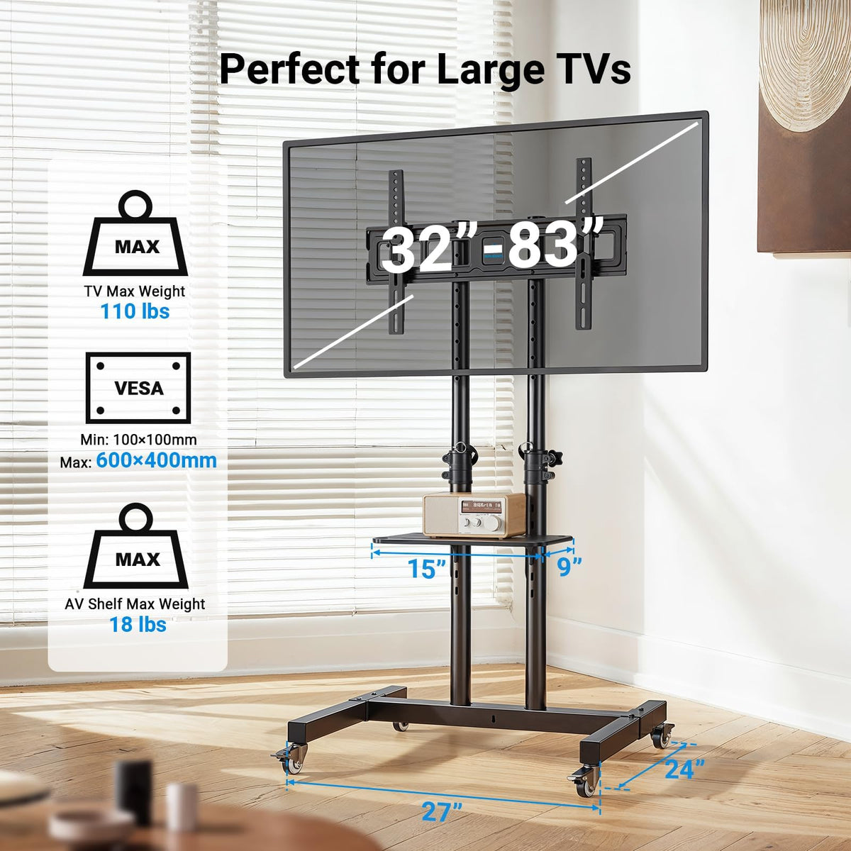 Rolling TV Stand on Wheels for 32-83 Inch Screens up to 110lbs N570206