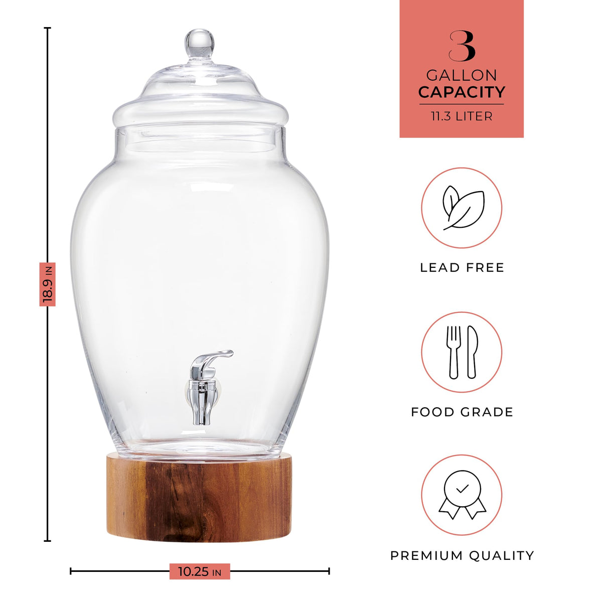 Glass Beverage Dispenser with Wood Base, 3 Gallon G410