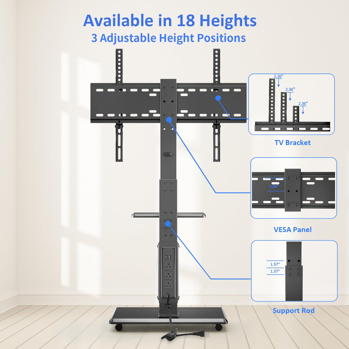 Rolling TV Stand with Power Outlet for 32-75" TV D343