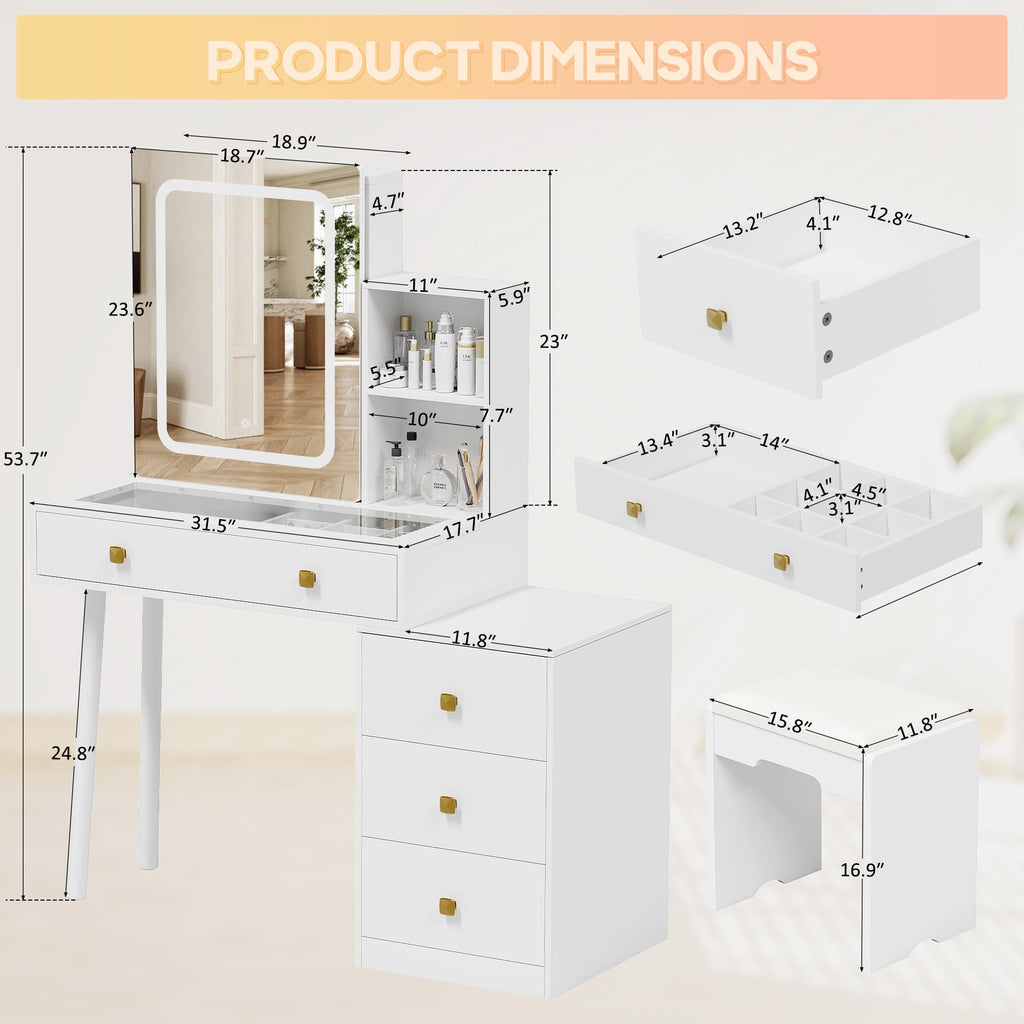 White Vanity Desk with Sliding Mirror and Lights, 4 Drawers, Stool T512279