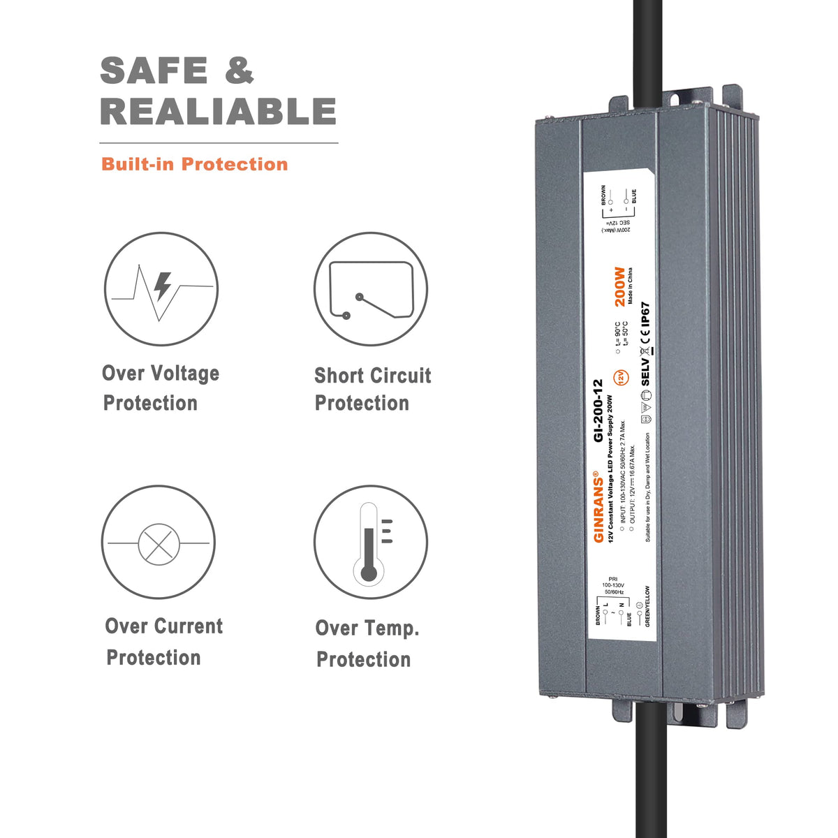 200W IP67 Waterproof Constant Voltage LED Driver Power Supply Transformer T3491