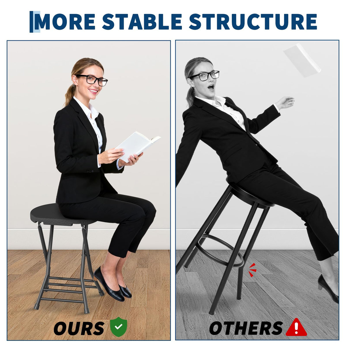 Folding Stool, Backless 18-Inch, Portable with Handle, Anti-Slip Feet, 600Lbs Capacity, Black E392