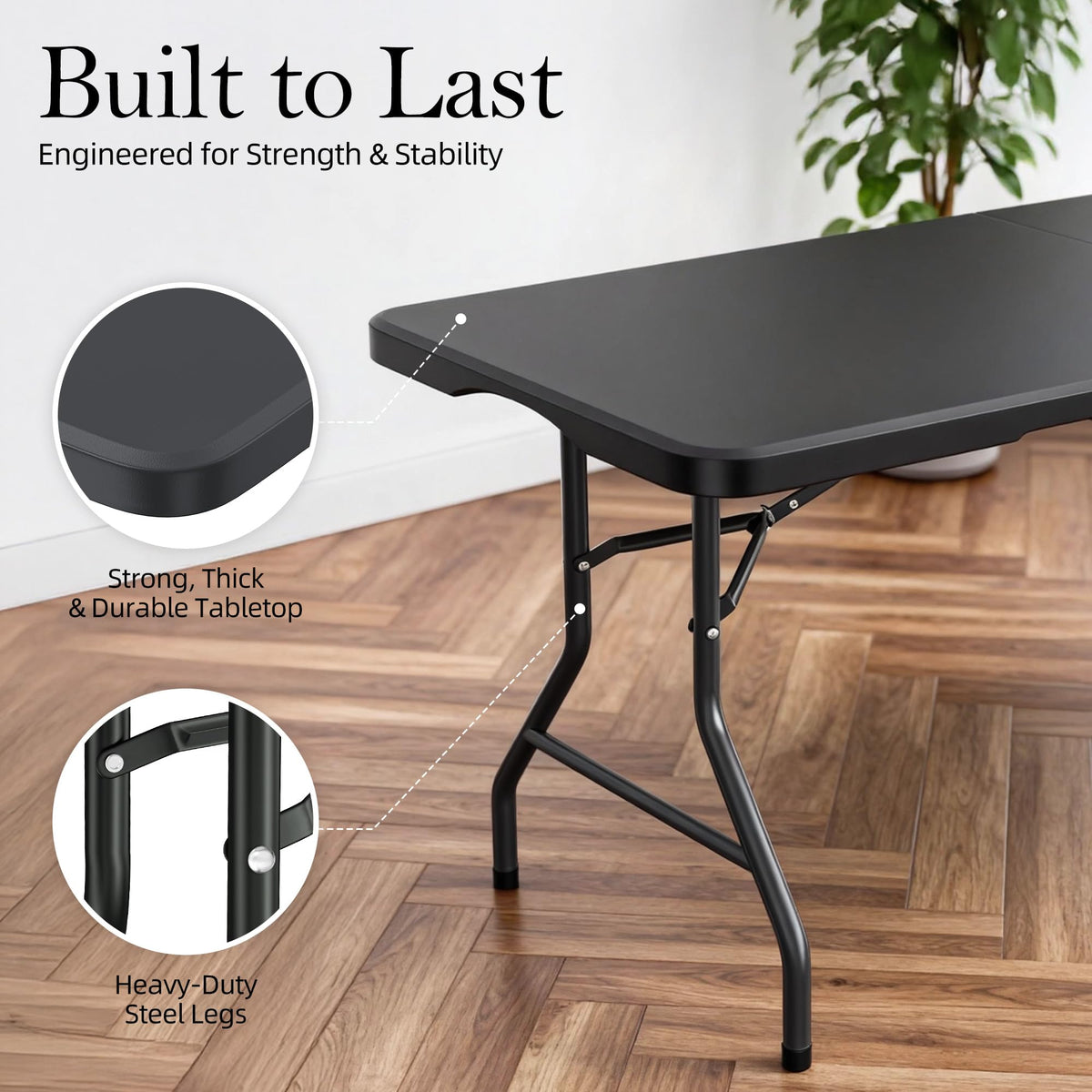 6FT Black Plastic Folding Table with Carrying Handle X1678