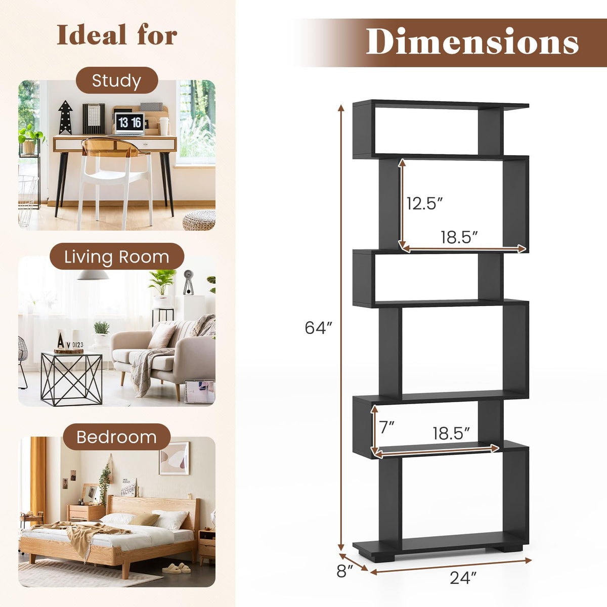 6-Tier S-Shaped Wooden Bookshelf I415