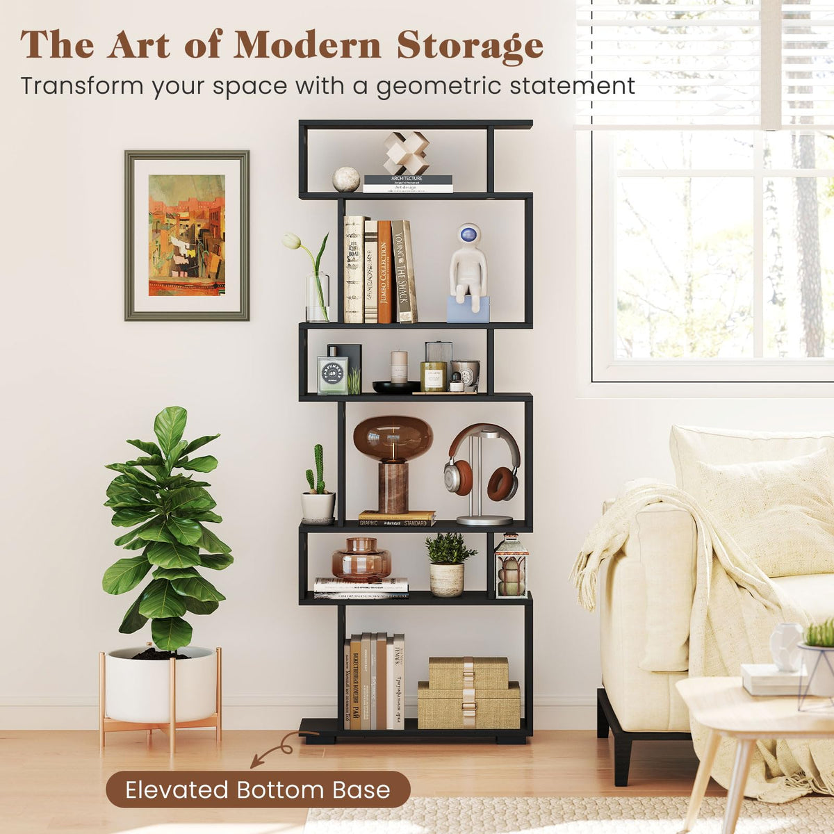 6-Tier S-Shaped Wooden Bookshelf I415
