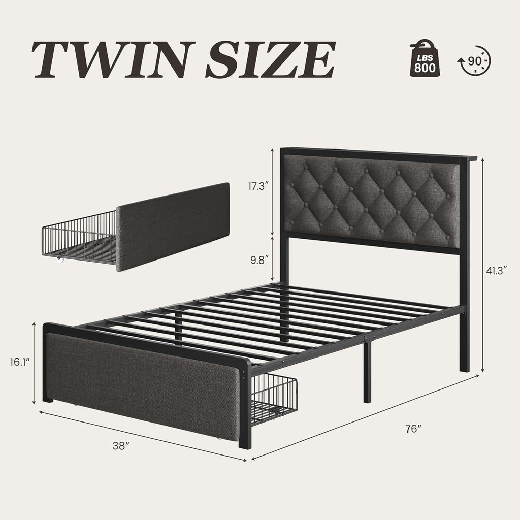 Grey Twin Bed Frame with Storage Drawer V774