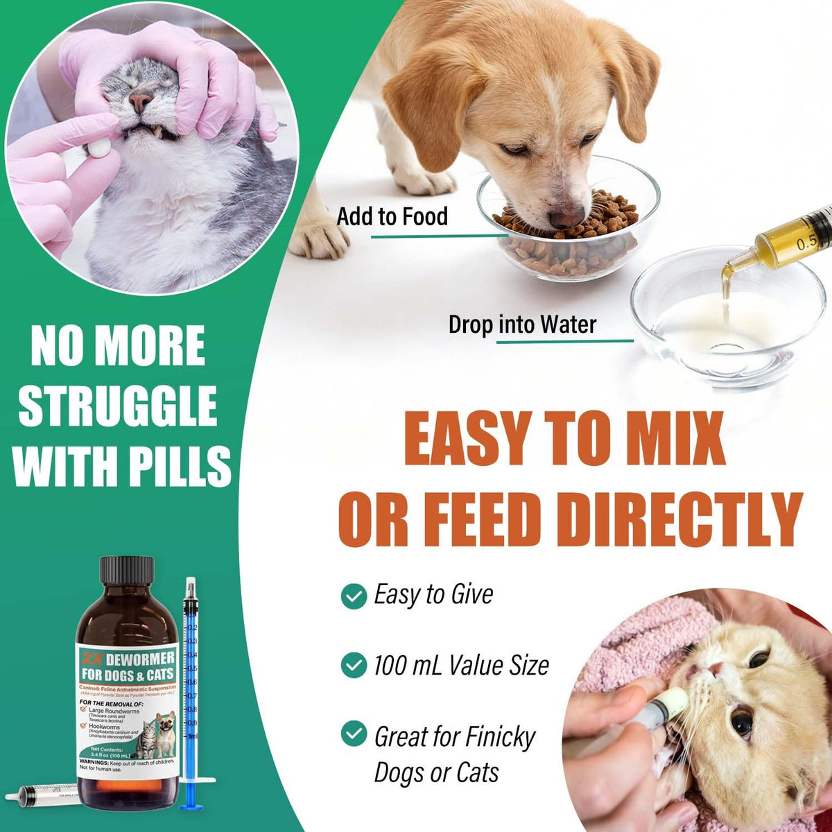 Liquid Dewormer 2X for Dogs & Cats, Pyrantel Pamoate Oral Liquid for Large Roundworms & Hookworms, 100 mL W4037