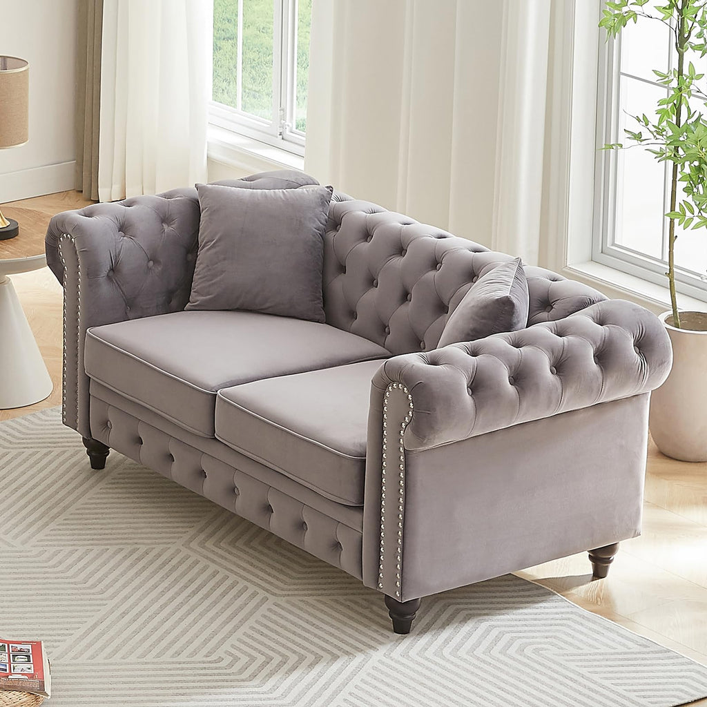 Light Grey Velvet Button Tufted Loveseat Sofa W85782