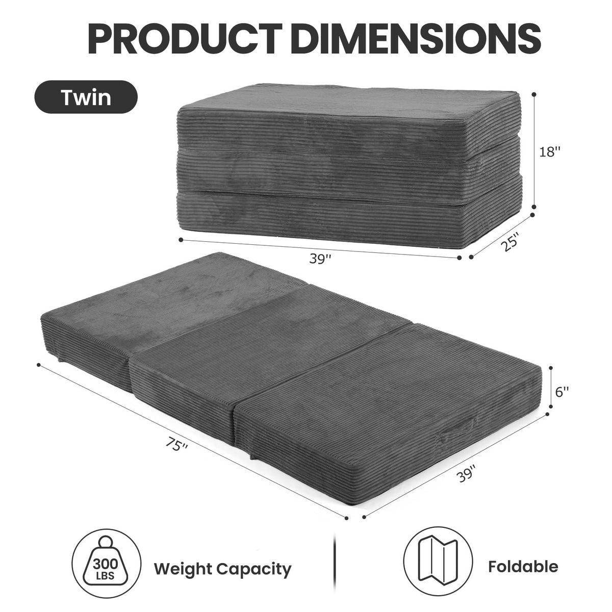 6 inch Tri Fold Twin Size Memory Foam Mattress J631772