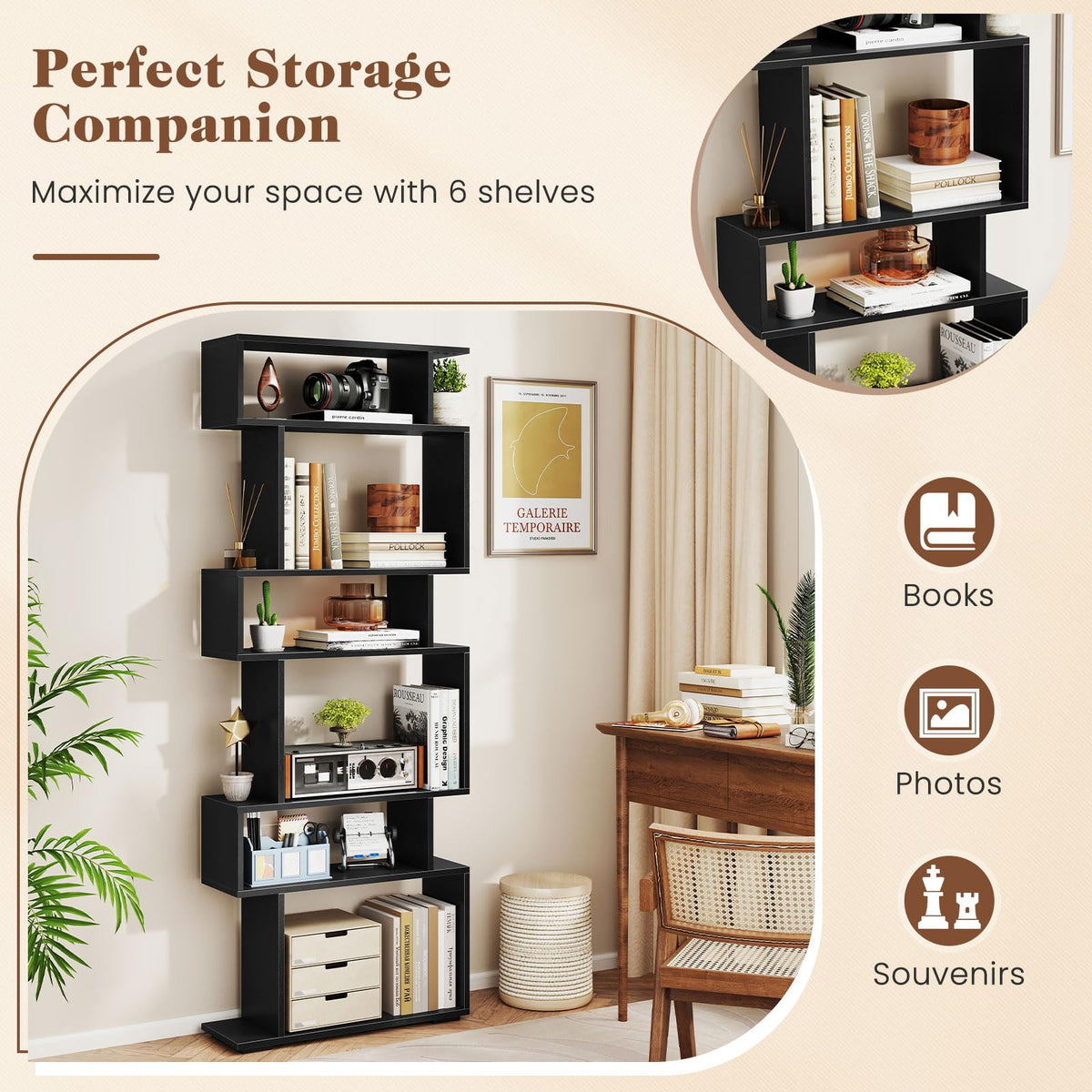 6-Tier S-Shaped Wooden Bookshelf I415