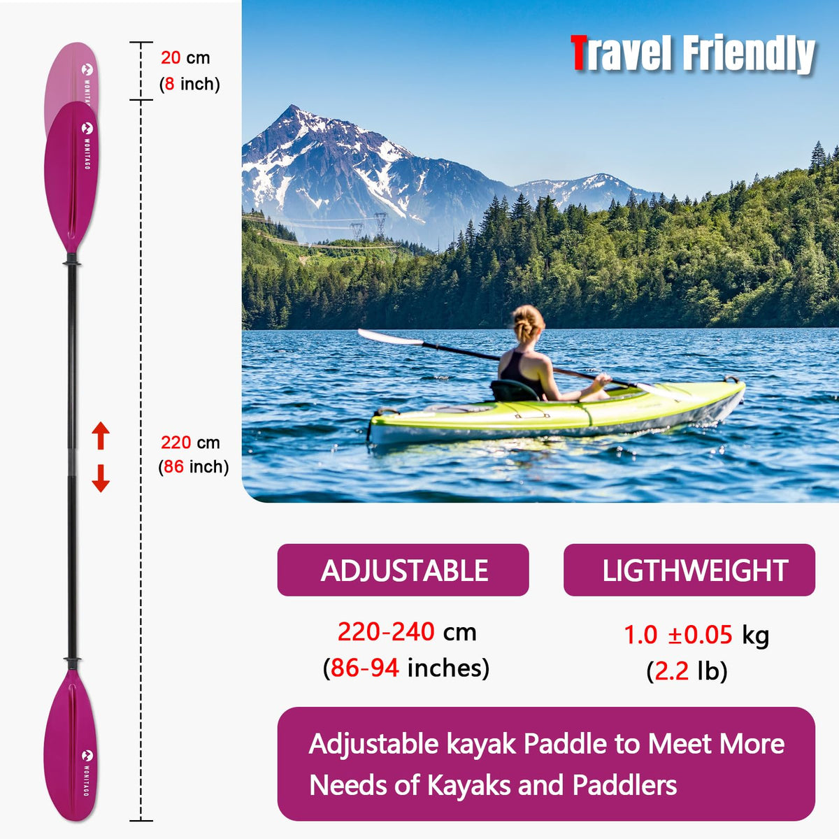 Adjustable Fiberglass Shaft PP Blade Kayak Paddle O1612