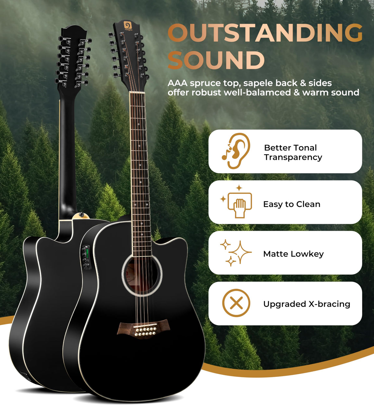 12 String Acoustic Electric Guitar Spruce Top Bone Nut Black Matte X91908