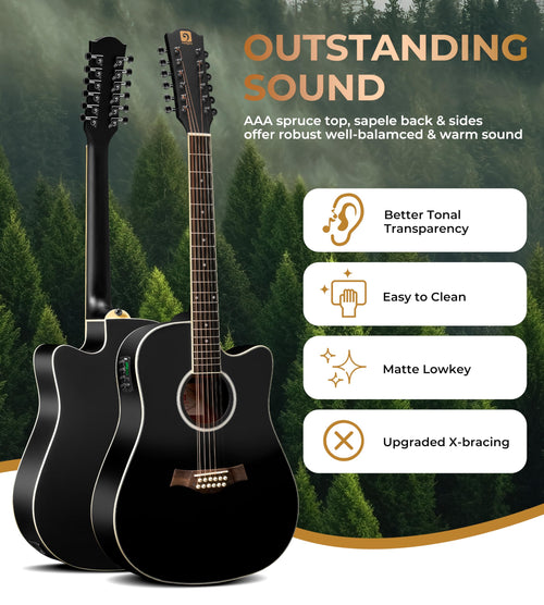 12 String Acoustic Electric Guitar Spruce Top Bone Nut Black Matte X91908