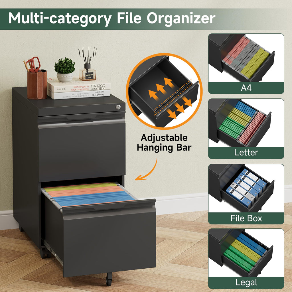 Black 2 Drawer Metal Rolling File Cabinet with Lock B10221