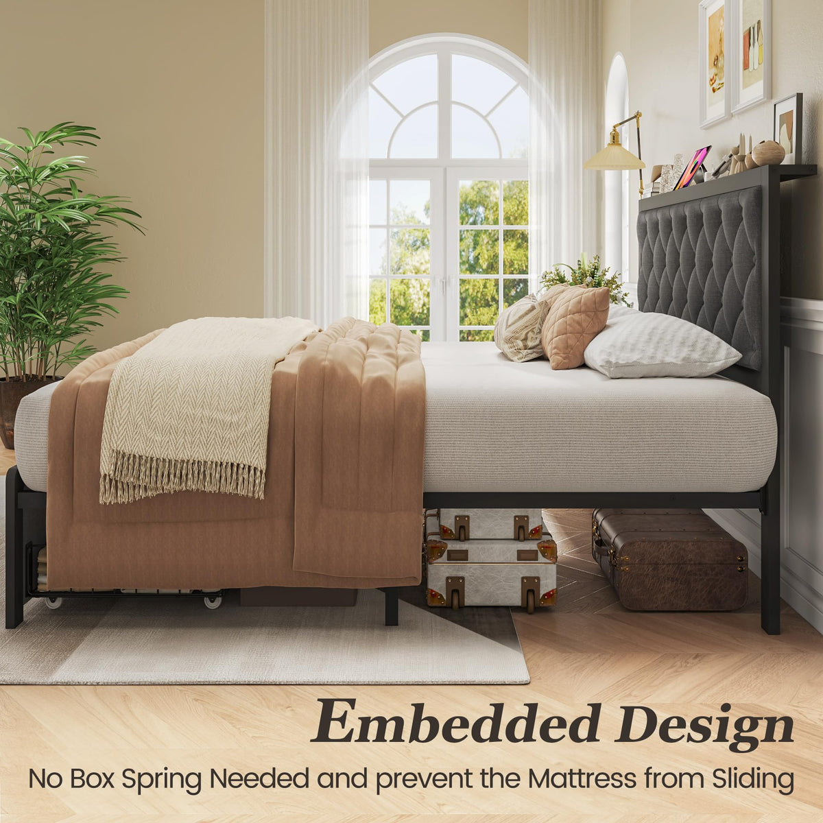 Grey Twin Bed Frame with Storage Drawer V774