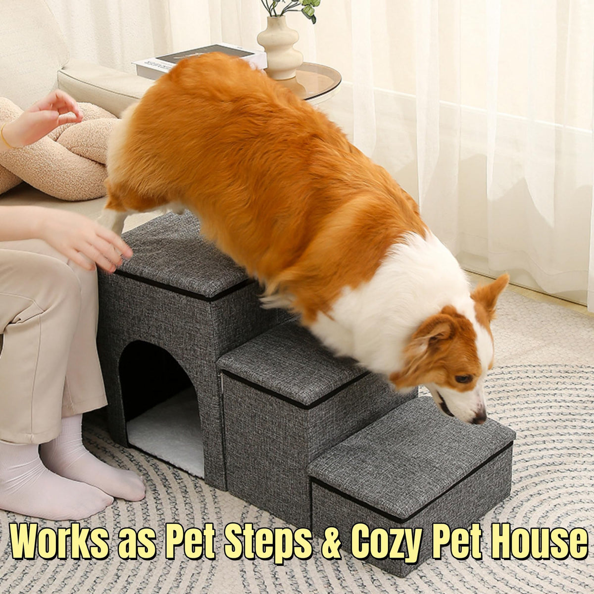 Foldable 3-Step Pet Stairs with Storage & Cat House X9459
